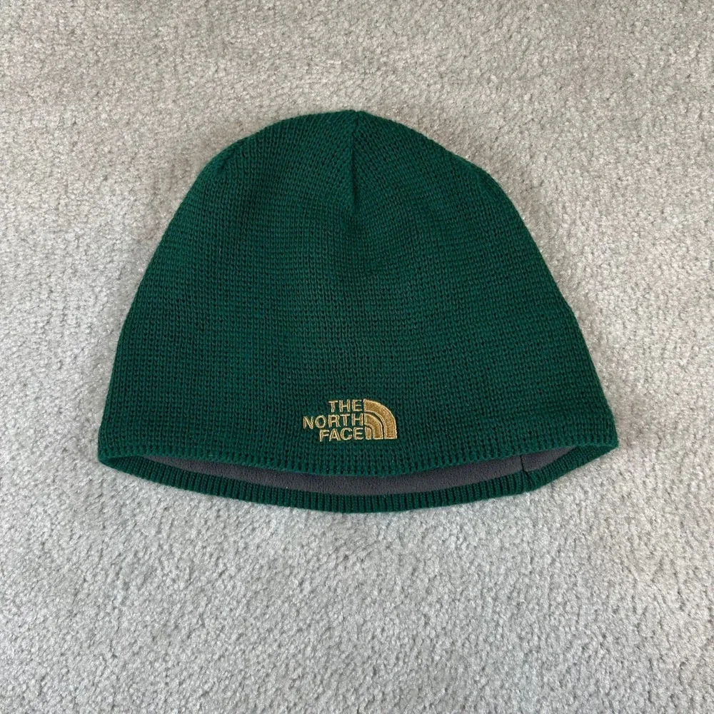 VTG The North Face Beanie Mens One Size Green Fleece Lined Knit Embroidered Logo